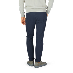 The back view of a man wearing Briglia Navy Blue Cotton Stretch BG62 Casual Chinos designed by an Italian trouser specialist.