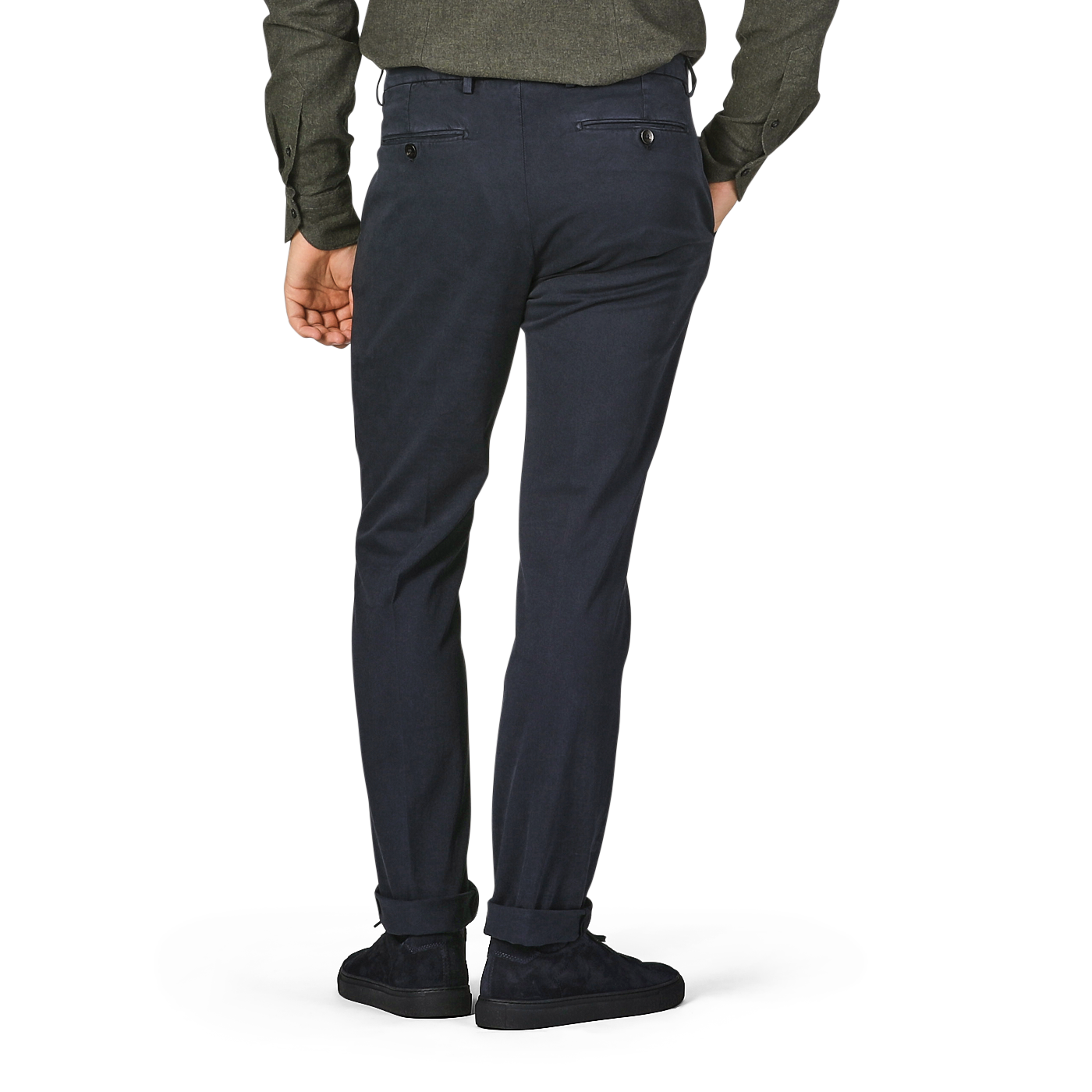 A person wearing Briglia's Navy Blue Cotton Stretch BG62 Trousers, a dark green long-sleeve shirt made from cotton twill, and black shoes is standing with the back facing the camera.