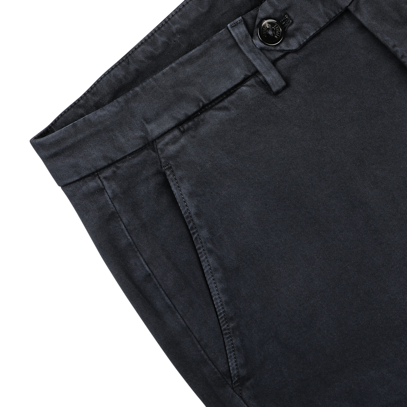 Close-up of a pair of Briglia's Navy Blue Cotton Stretch BG62 Trousers showing a pocket, waistband with belt loops, and a partially visible buttoned tab closure.