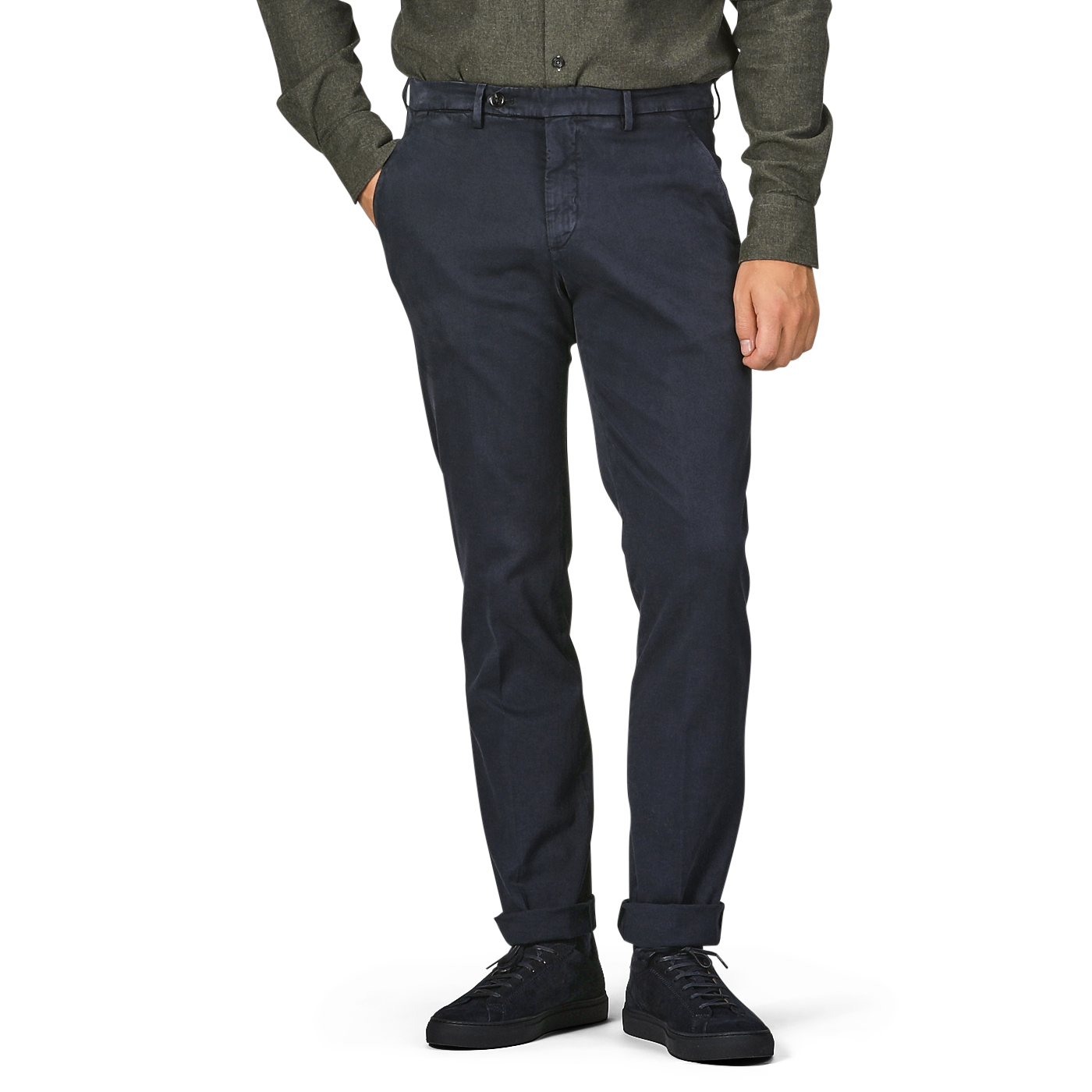 A person wearing a dark green shirt, Navy Blue Cotton Stretch BG62 Trousers by Briglia, and black shoes stands with hands in pockets against a plain background. The person's face is not visible in the image.