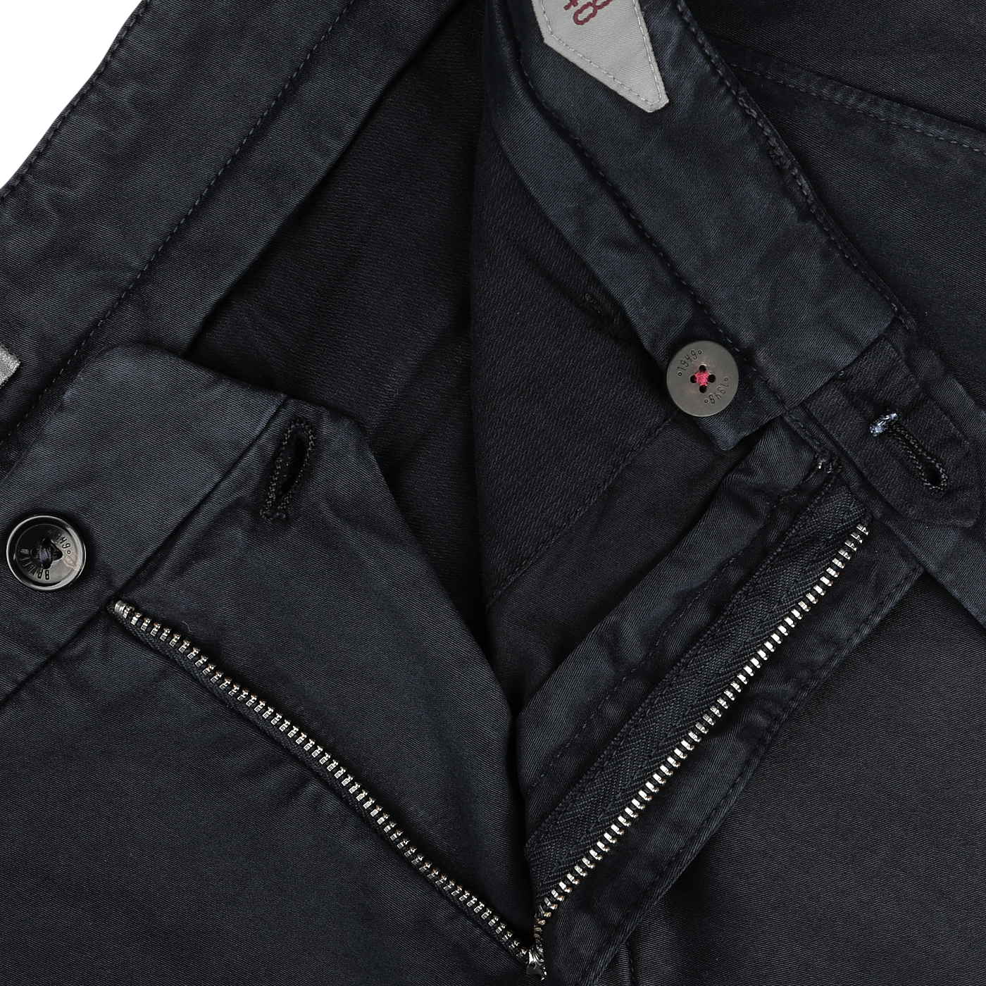 Close-up view of a pair of Briglia Navy Blue Cotton Stretch BG62 Trousers with an open zipper and visible buttons.