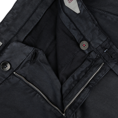 Close-up view of a pair of Briglia Navy Blue Cotton Stretch BG62 Trousers with an open zipper and visible buttons.