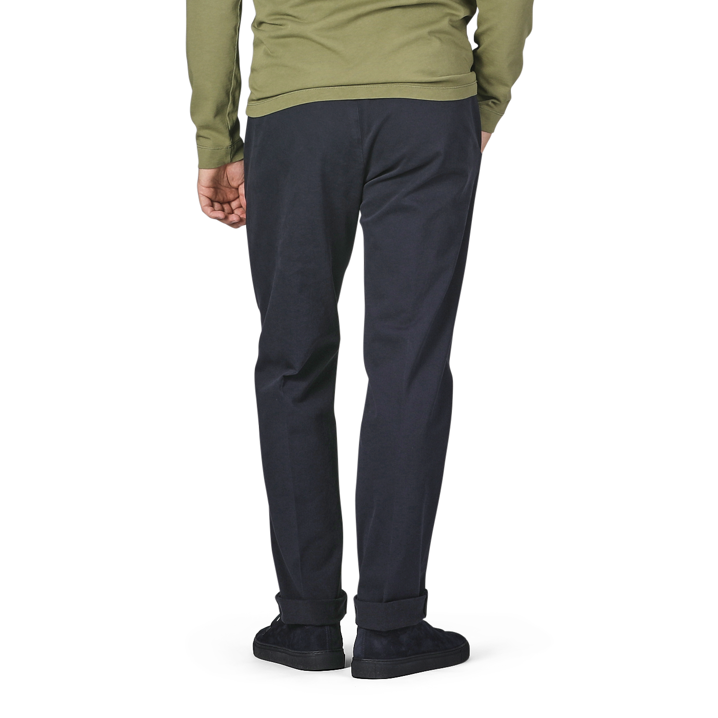 Rear view of a person wearing a green shirt, Briglia Navy Blue Cotton Stretch Soho Trousers, and black shoes.