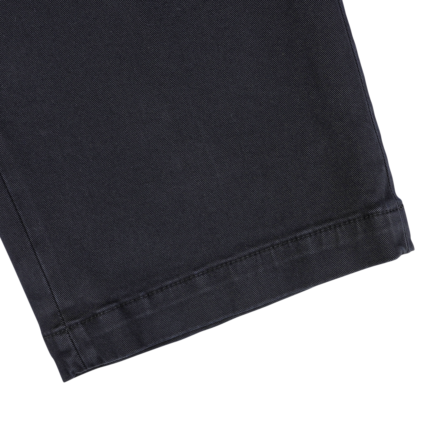 Close-up of the hem of a Briglia Navy Blue Cotton Stretch Soho Trouser leg, showcasing detailed stitching on a light grey background.