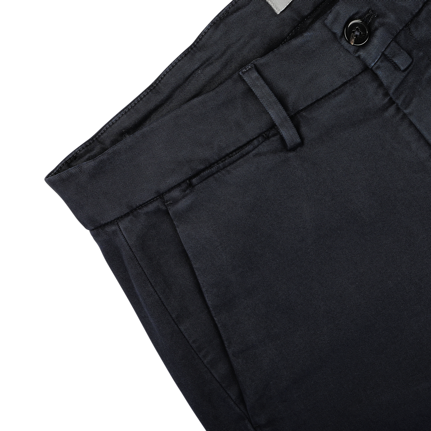 Close-up of Briglia's Navy Blue Cotton Stretch Soho Trousers featuring a single black button on the waistband and a visible belt loop. The material is smooth, woven cotton twill. The background is plain light gray.