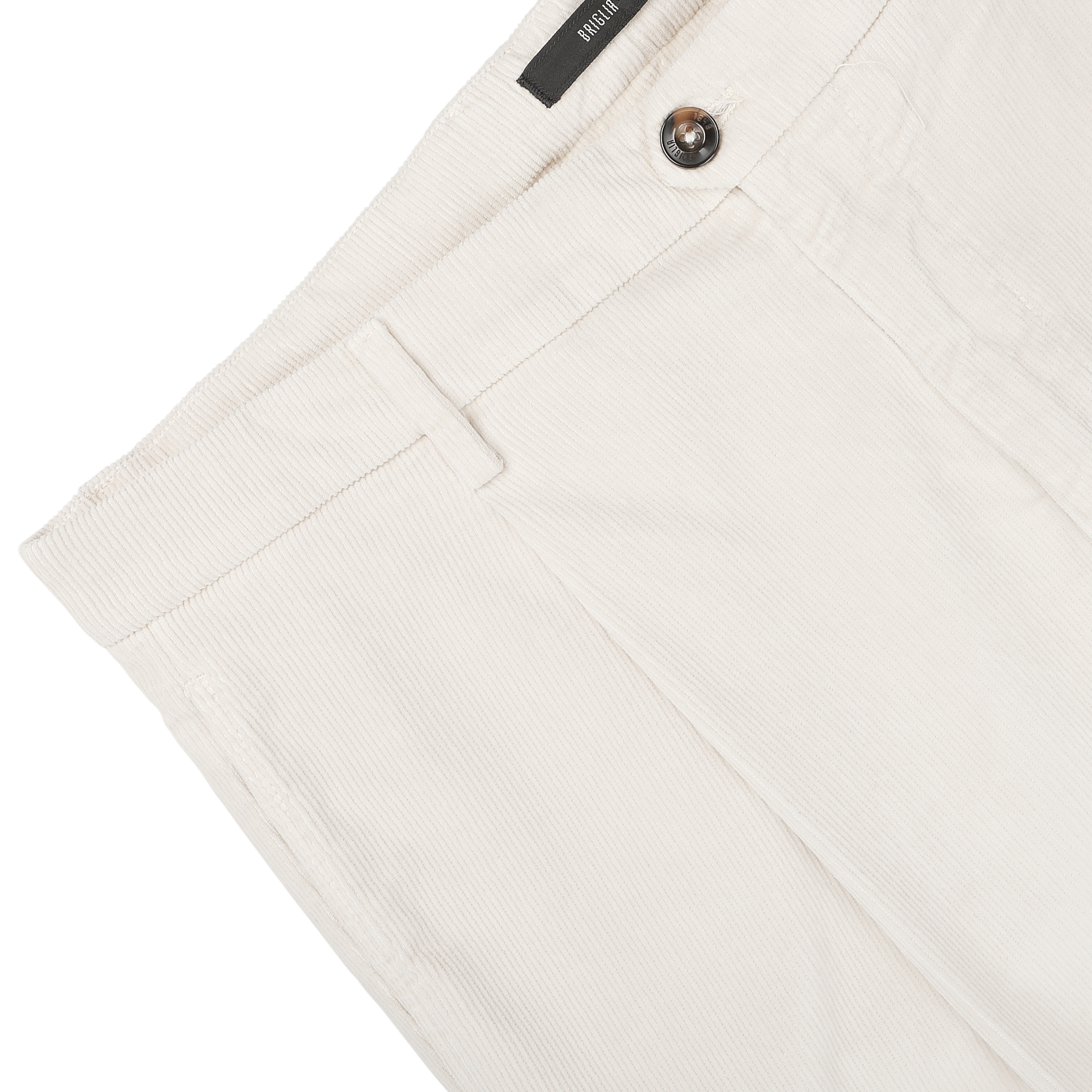 Close-up of Briglia's Off White Corduroy Courmayeur Trousers, showcasing the waistband, button, zipper fly, and belt loop details.