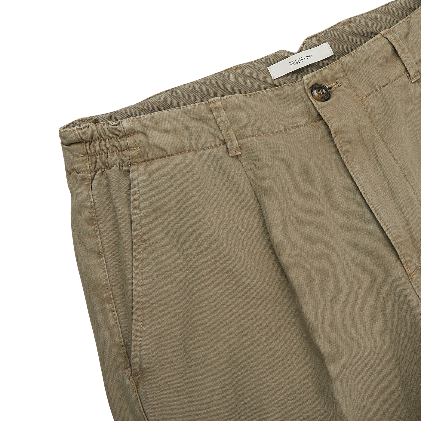 An easy-fit pair of Olive Cotton Linen BG59 Pleated Chinos by Briglia on a white background.