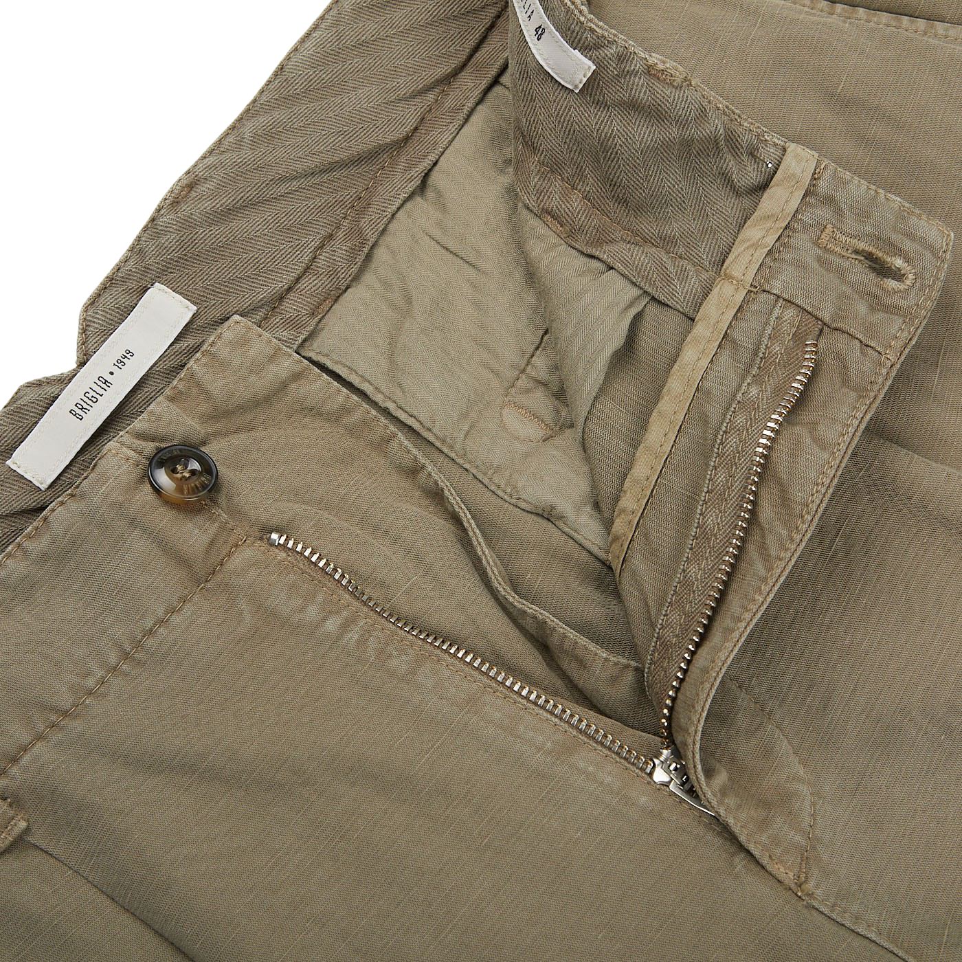A pair of Briglia Olive Cotton Linen BG59 Pleated Chinos with zippered pockets, offering an easy-fit design.