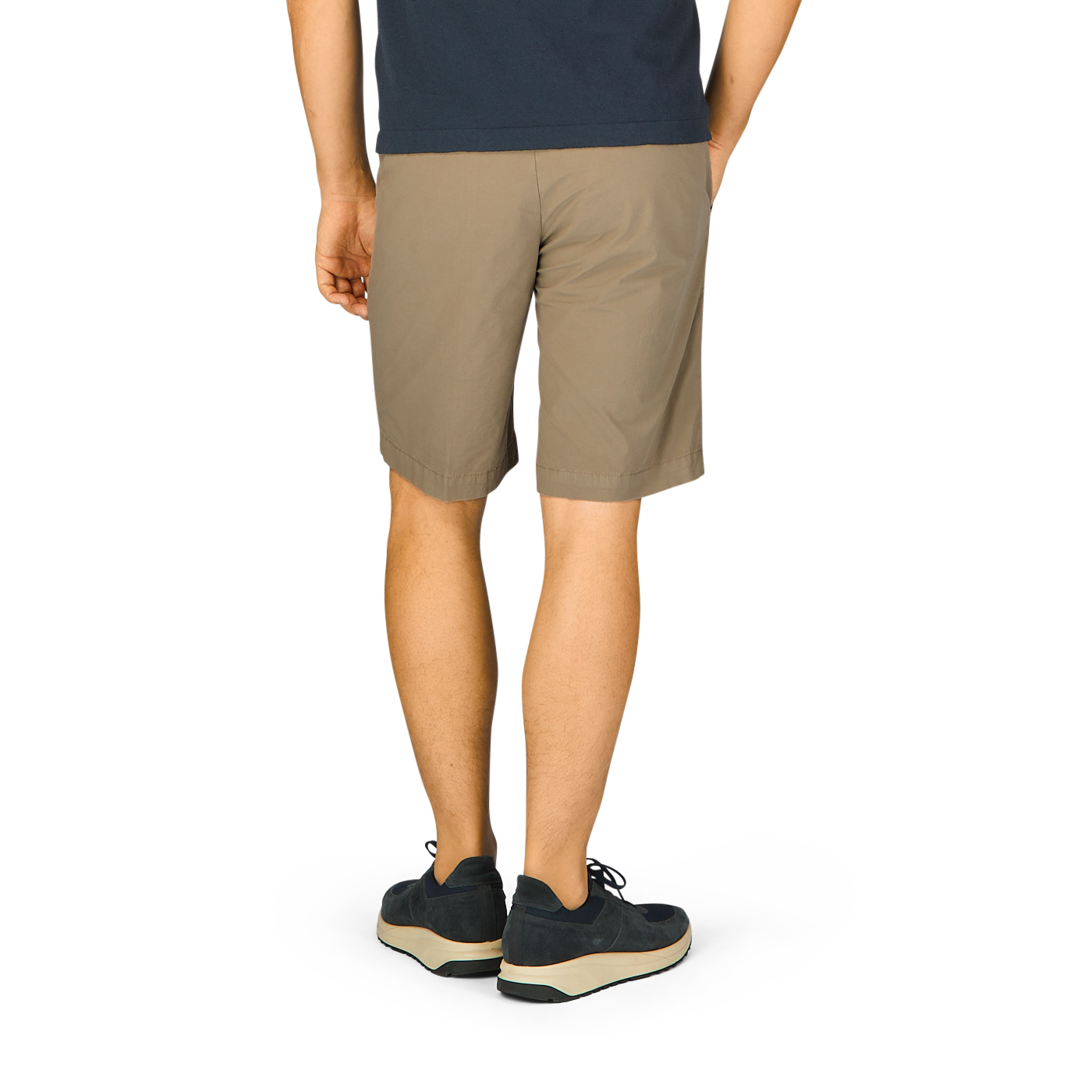 The back of a man wearing Briglia's Olive Green Cotton Drawstring Malibu Shorts and a black t-shirt, exuding comfort.