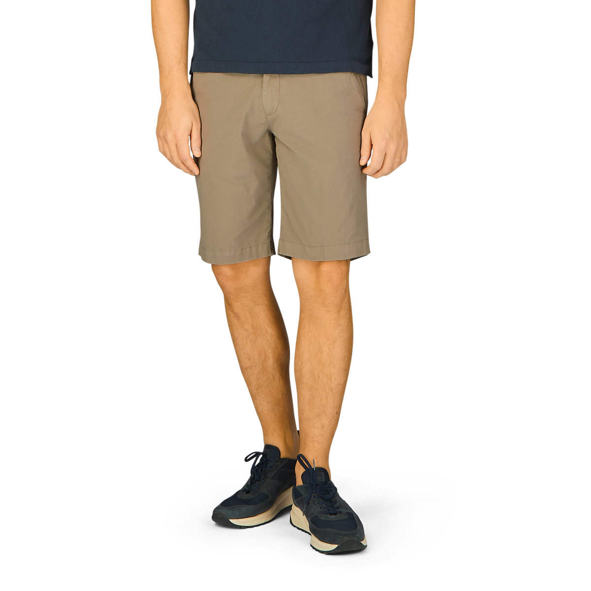 A man wearing a tan cotton t-shirt and Briglia Olive Green Cotton Drawstring Malibu Shorts.