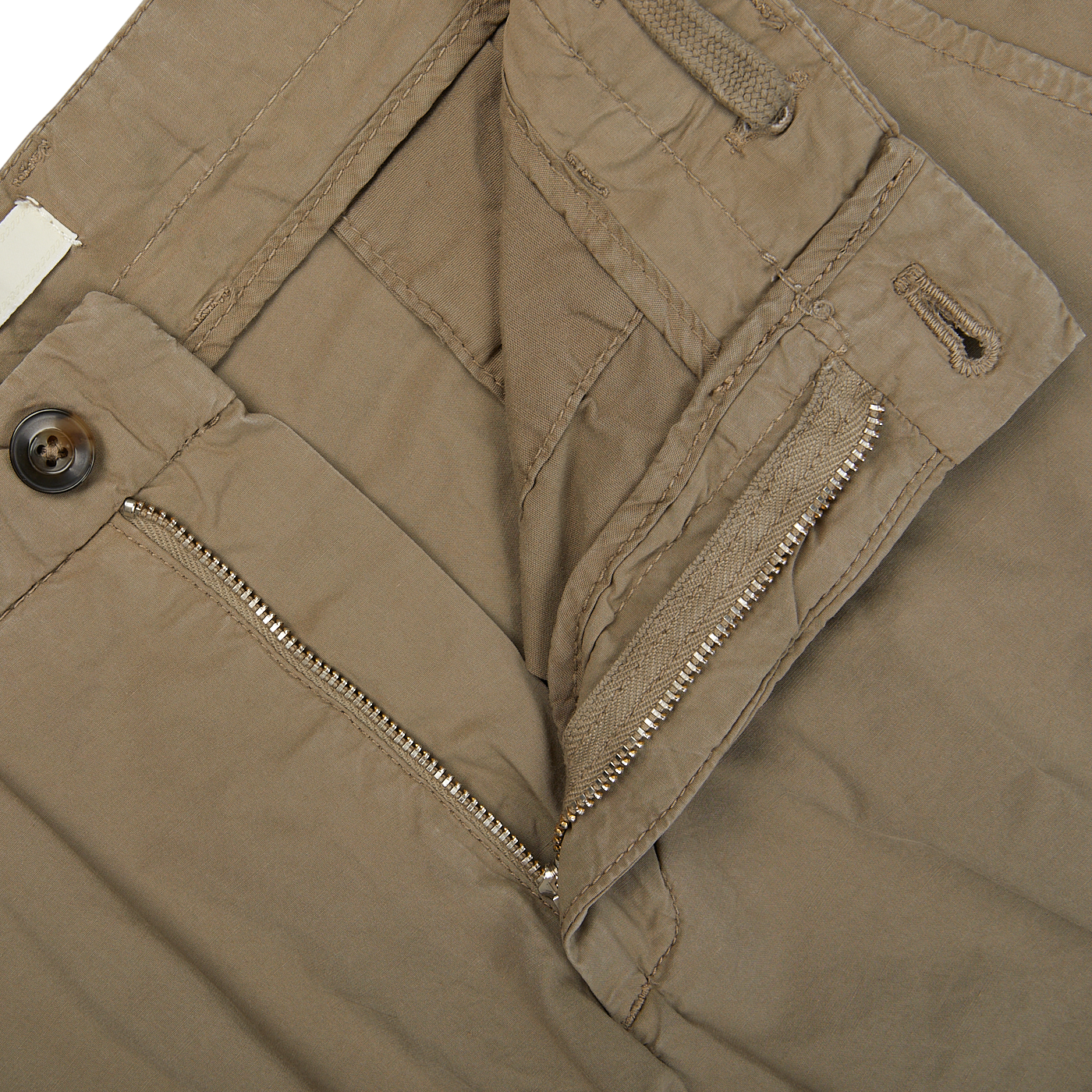 A pair of Briglia Olive Green Cotton Drawstring Malibu Shorts with zippers on the side.