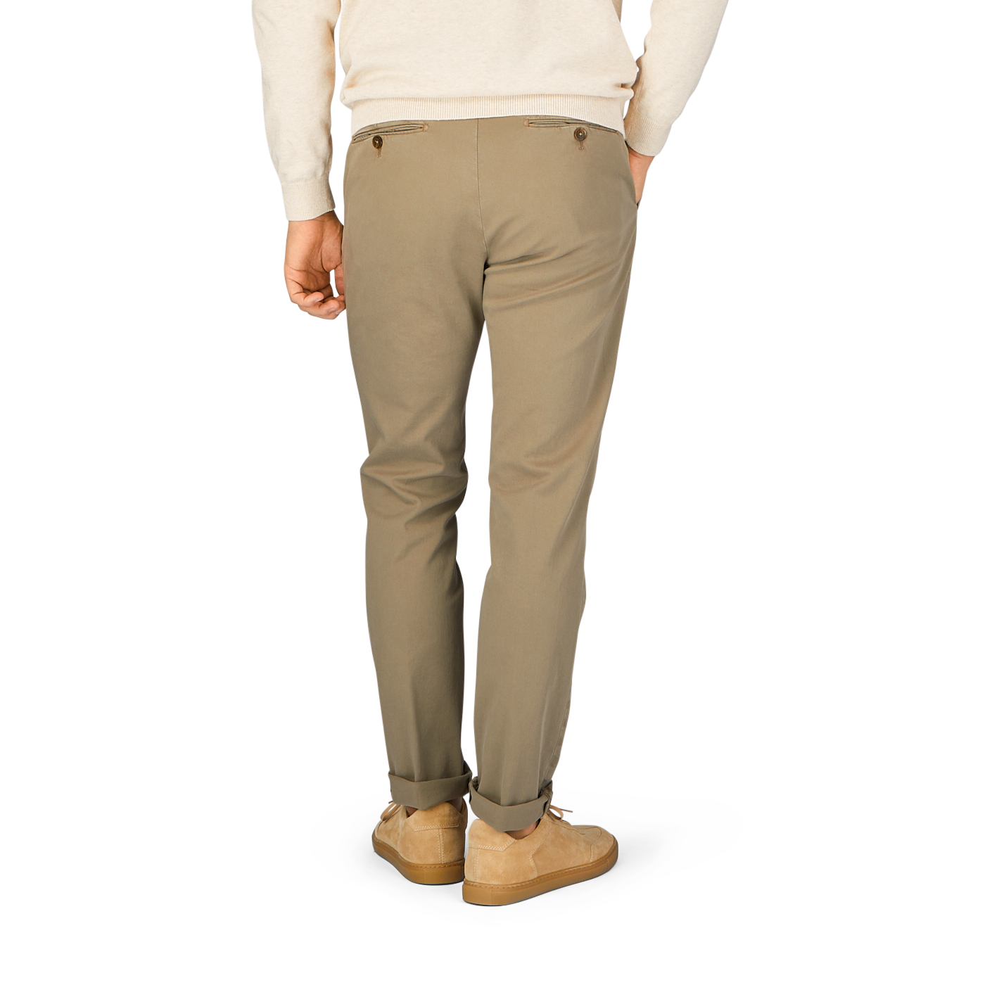 The back view of a man wearing Briglia's Olive Green Cotton Stretch BG62 Casual Chinos.