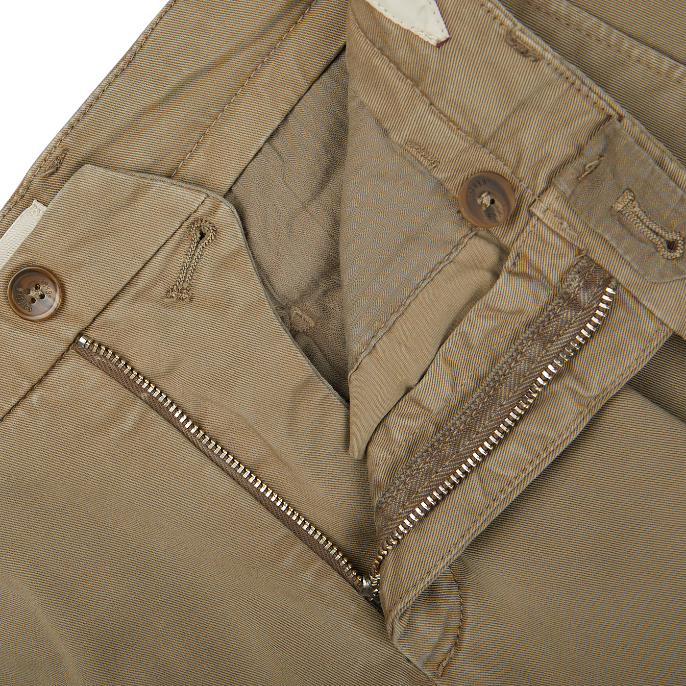 A close up of Briglia's Olive Green Cotton Stretch BG62 Casual Chinos with zippers.