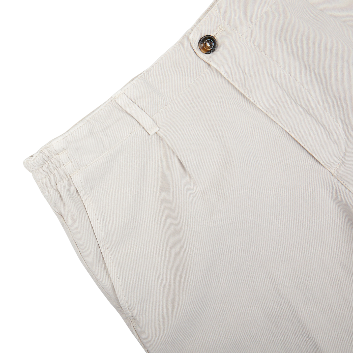 Stone Beige Cotton Linen Pleated Shorts by Briglia with a focus on the button closure.