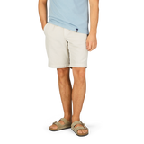 Man wearing a light blue t-shirt, Briglia Stone Beige Cotton Linen Pleated Shorts with an adjustable waistband, and sandals.