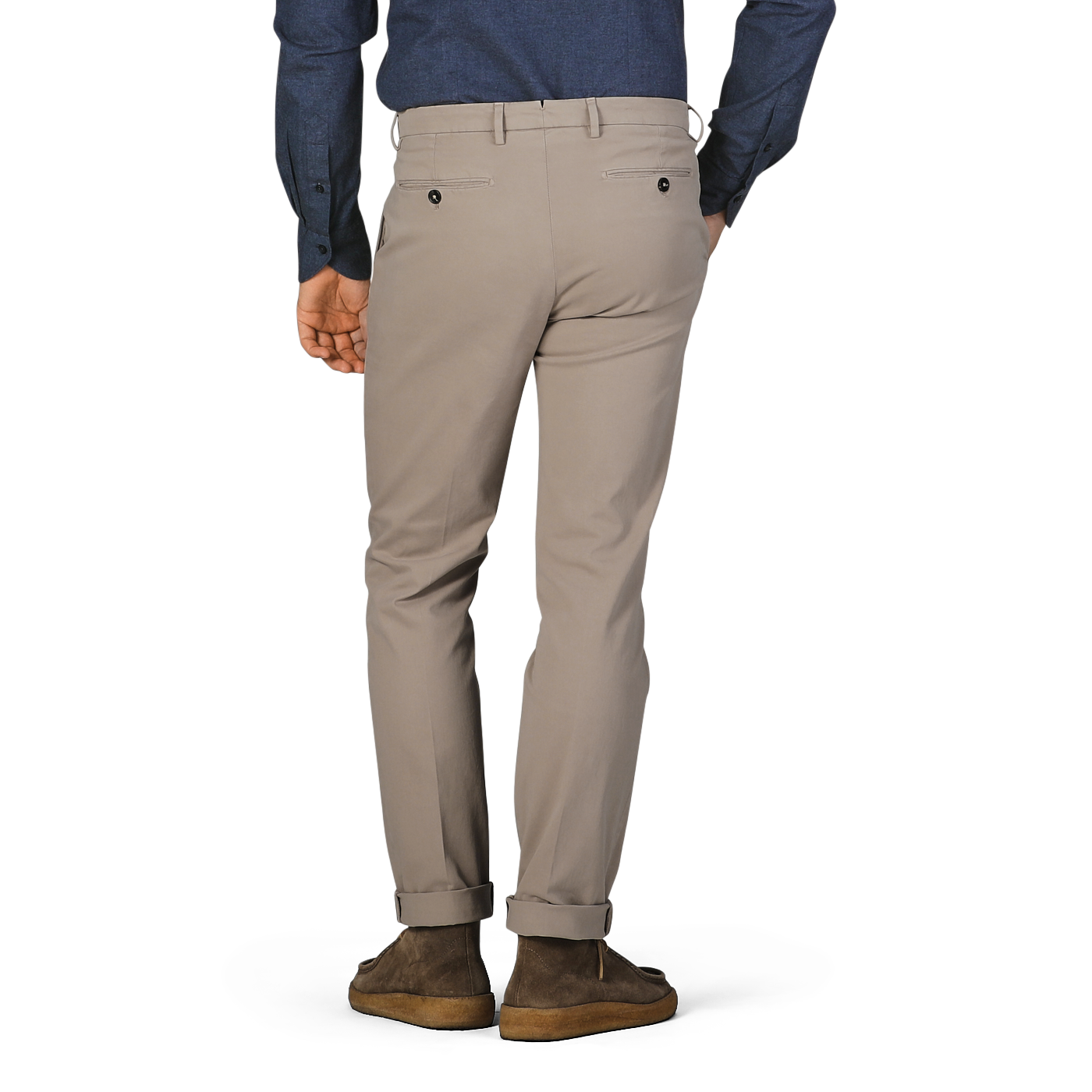 A person wearing Taupe Beige Cotton Stretch BG62 Trousers from Briglia, a navy shirt, and brown shoes is shown from the back.