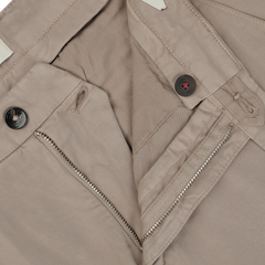 Close-up of Taupe Beige Cotton Stretch BG62 Trousers by Briglia, highlighting the zipper, button closure, and waistband details in fine cotton twill.