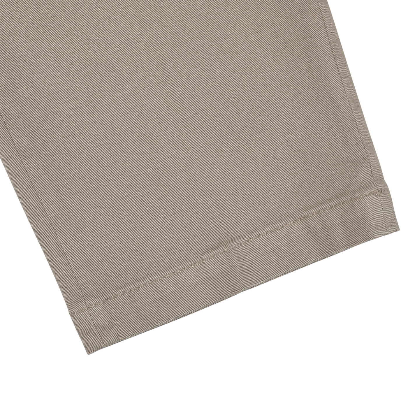 Close-up image of the hem of Briglia's Taupe Beige Cotton Stretch Soho Trousers, showcasing the cotton twill fabric texture and precise stitching details.