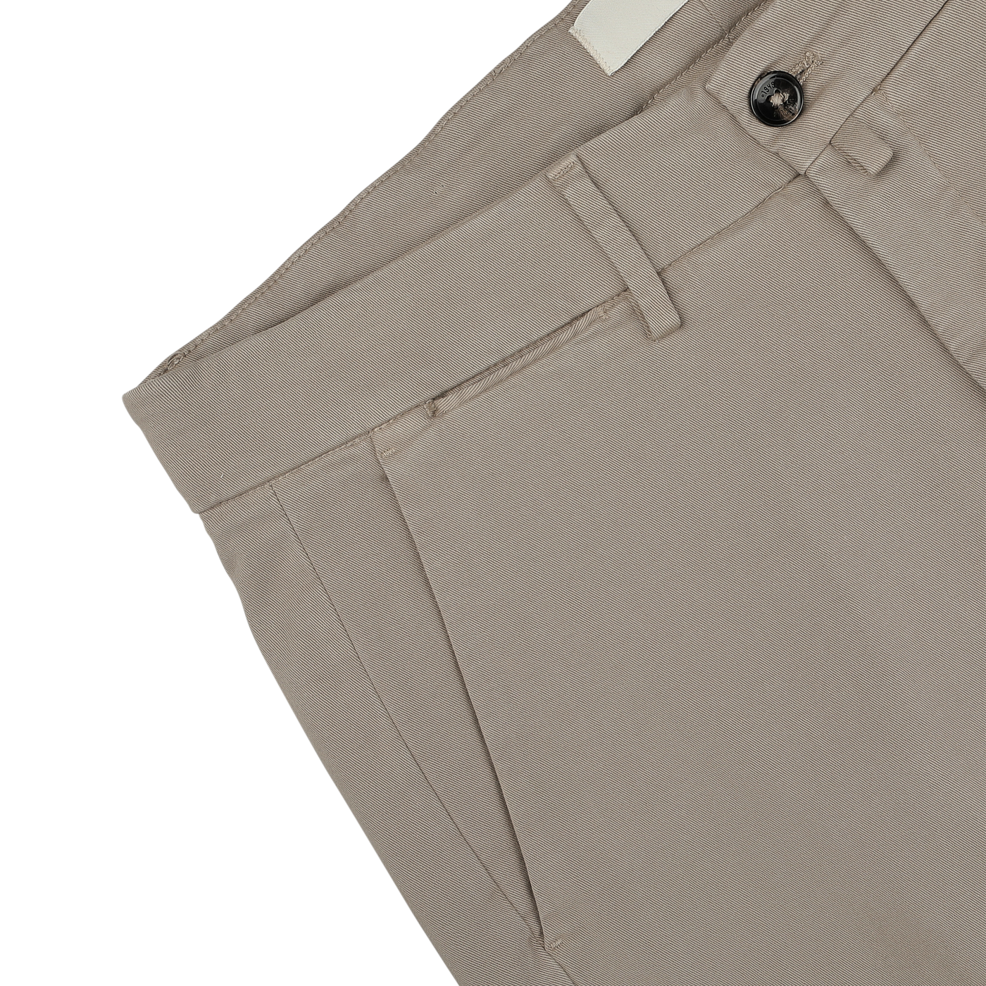 Close-up of Briglia's Taupe Beige Cotton Stretch Soho Trousers featuring a button and zipper fly, belt loops, and front pockets, lying flat against a gray background.