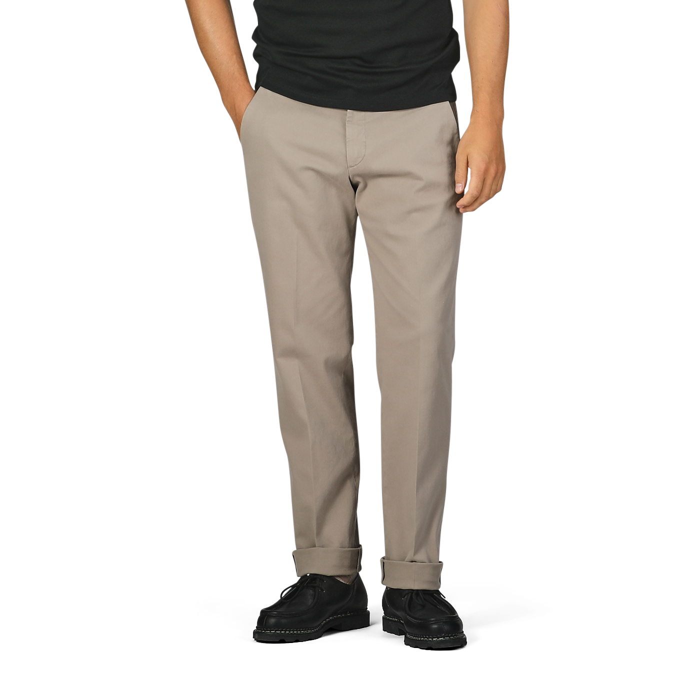 A person wearing Briglia Taupe Beige Cotton Stretch Soho Trousers, a black shirt, and black shoes stands with hands in pockets against a plain background.