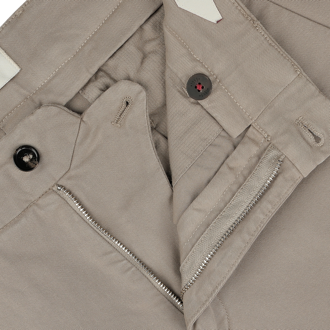 Close-up view of the Taupe Beige Cotton Stretch Soho Trousers by Briglia, featuring the zipper, button, and detailed stitching.