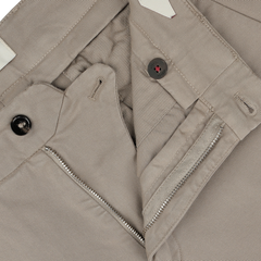 Close-up view of the Taupe Beige Cotton Stretch Soho Trousers by Briglia, featuring the zipper, button, and detailed stitching.