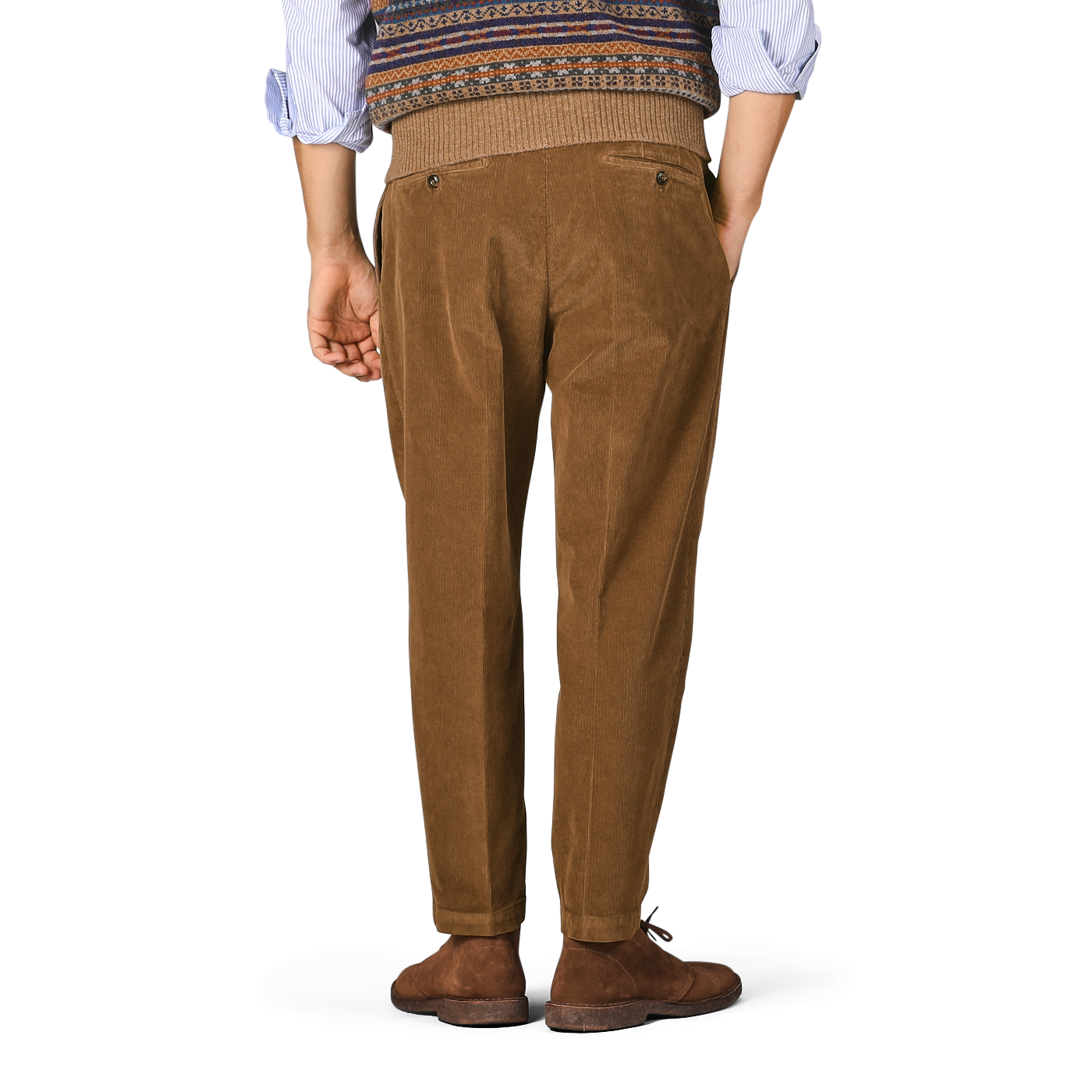 A person stands facing away, wearing Briglia’s Tobacco Pleated Corduroy Courmayeur Trousers, a patterned knit sweater, blue shirt, and brown shoes, against a plain background.