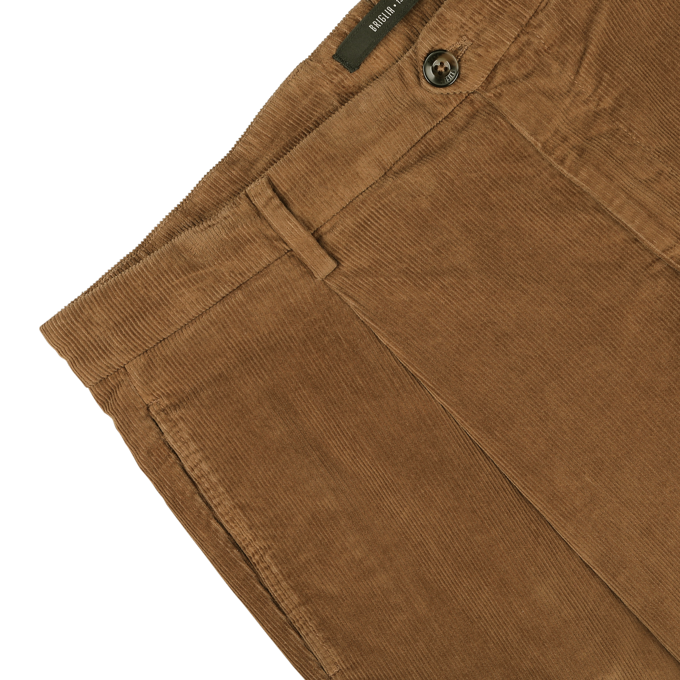 Close-up of Briglia's Tobacco Pleated Corduroy Courmayeur Trousers in sumptuous cotton corduroy, showcasing a belt loop, a button closure, and front pockets.