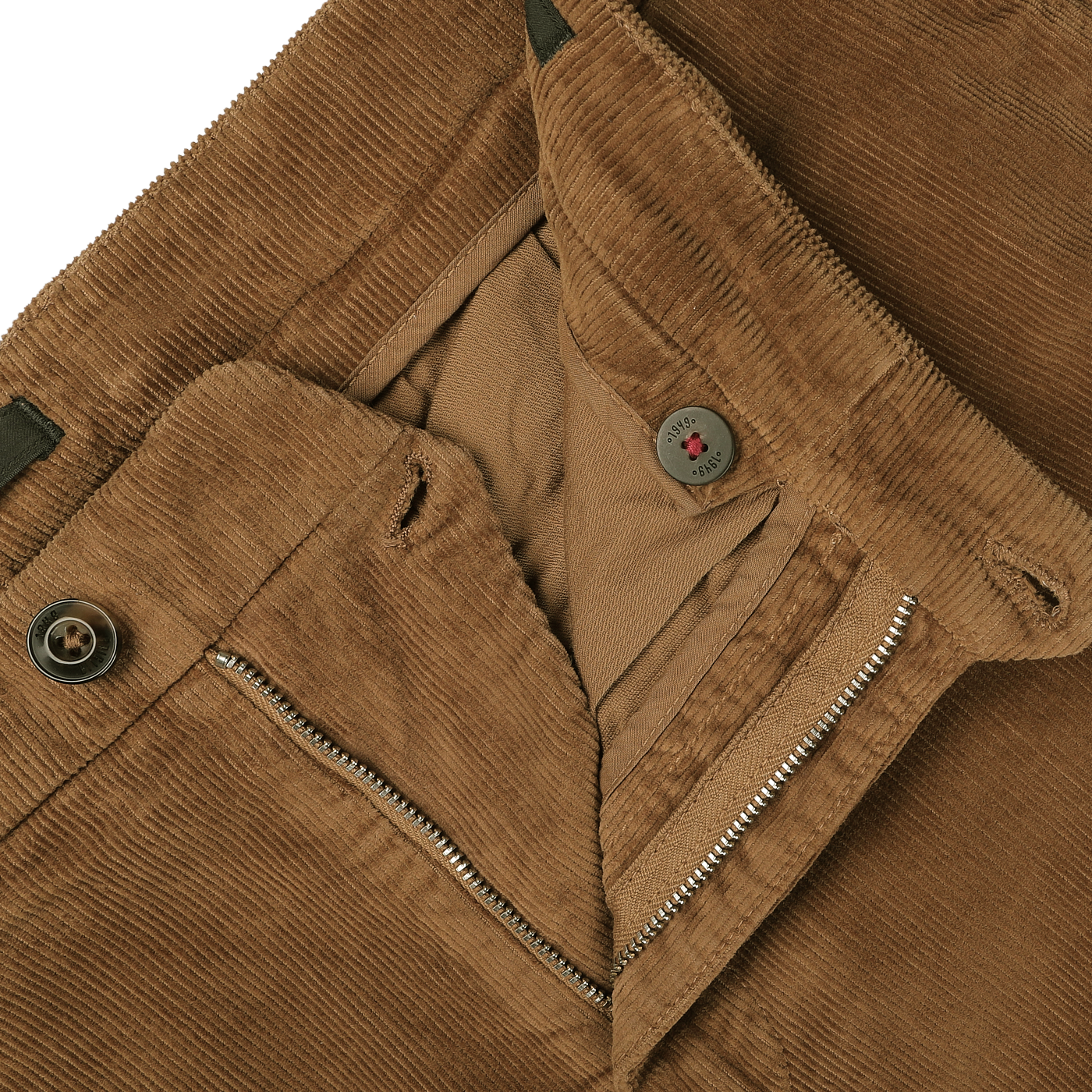 Close-up of a pair of Briglia Tobacco Pleated Corduroy Courmayeur Trousers in soft cotton corduroy with the zipper and button undone.