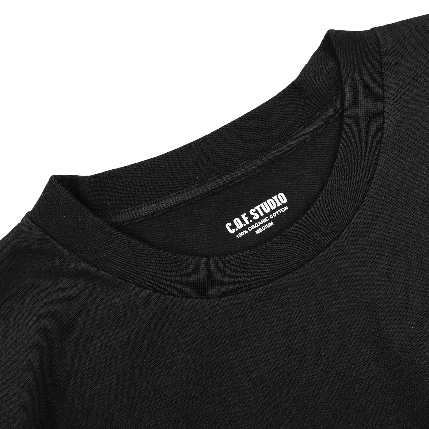 This black crewneck t-shirt by C.O.F Studio, crafted from organic cotton, features the label printed inside the collar.