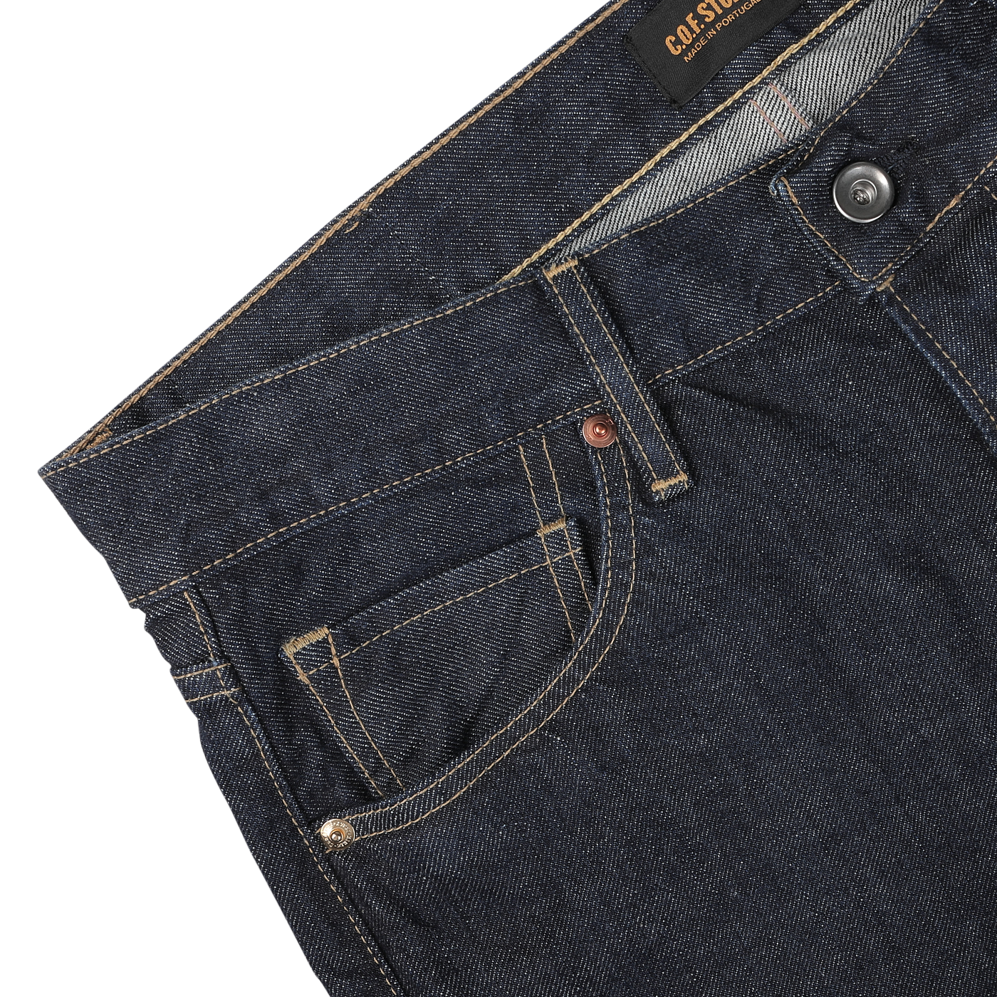 Close-up view of dark blue C.O.F Studio Blue 14oz Kuroki Selvedge Cotton M8 Jeans with a button closure and belt loops, displaying front pocket stitching and copper rivets.