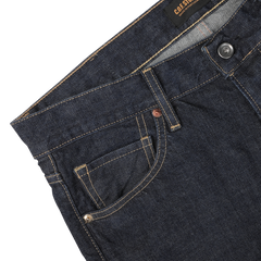 Close-up view of dark blue C.O.F Studio Blue 14oz Kuroki Selvedge Cotton M8 Jeans with a button closure and belt loops, displaying front pocket stitching and copper rivets.