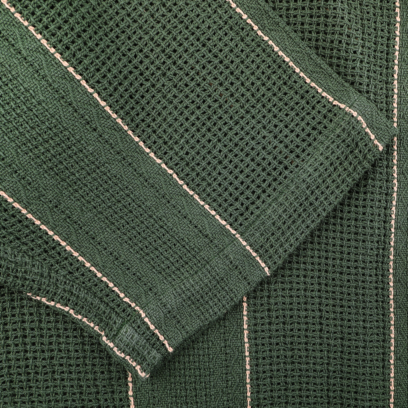 Close-up of a C.O.F Studio Dark Green Striped Crochet Relaxed Camp Shirt, showcasing a waffle texture with thin, light-colored stripes.