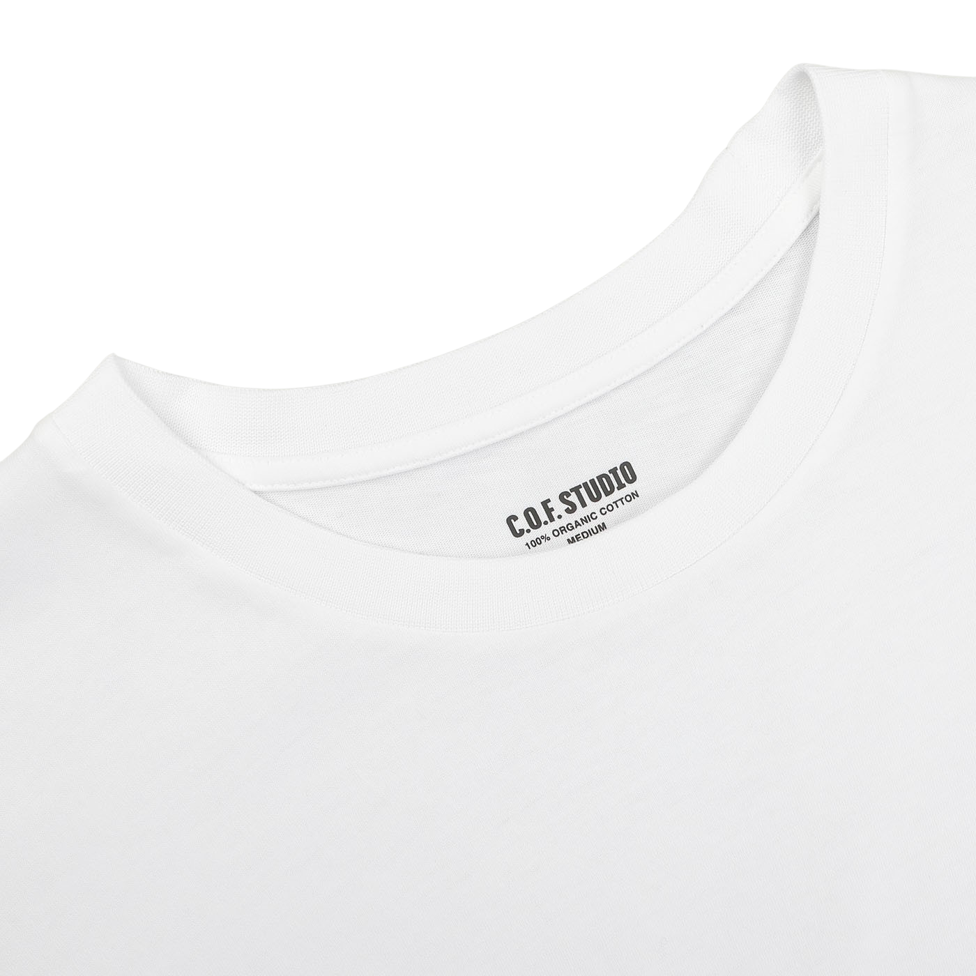 Close-up of the neckline of the White Organic Cotton Crewneck T-Shirt by C.O.F Studio, made from 100% organic cotton.