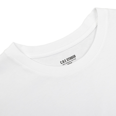 Close-up of the neckline of the White Organic Cotton Crewneck T-Shirt by C.O.F Studio, made from 100% organic cotton.