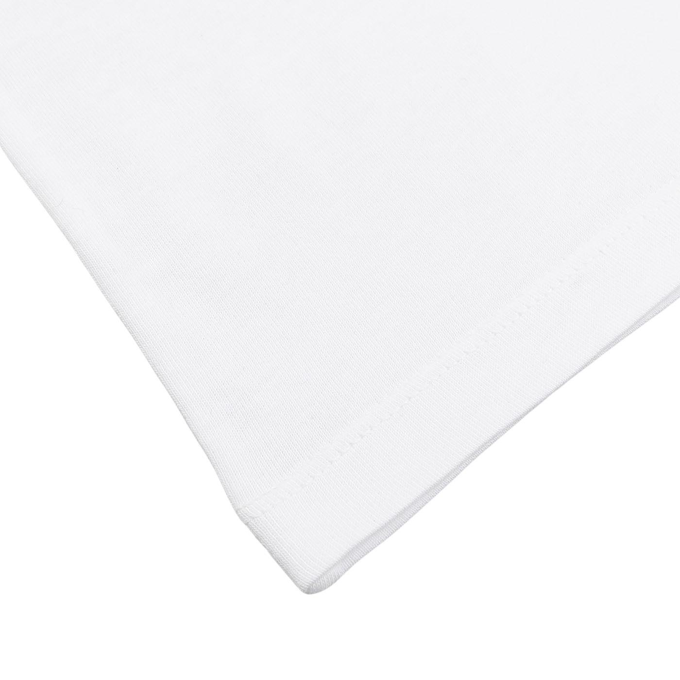 Close-up of the corner of a regular fit C.O.F Studio White Organic Cotton Crewneck T-Shirt laying flat on a light grey surface, made from soft organic pima cotton.