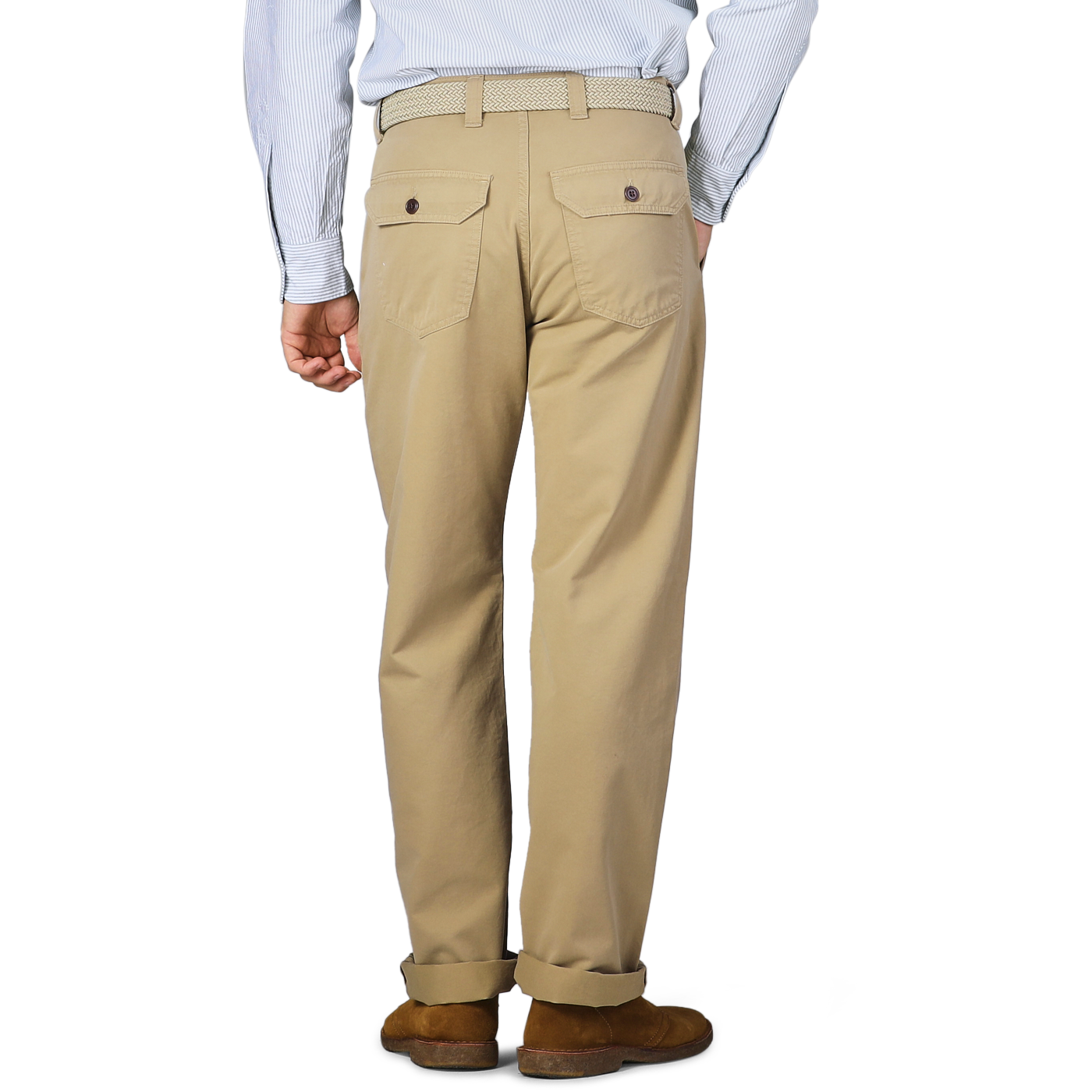 A person in a blue shirt and Khaki Double Twisted Cotton Twill Fatigue Pants by C.O.F Studio is standing with their back to the camera.