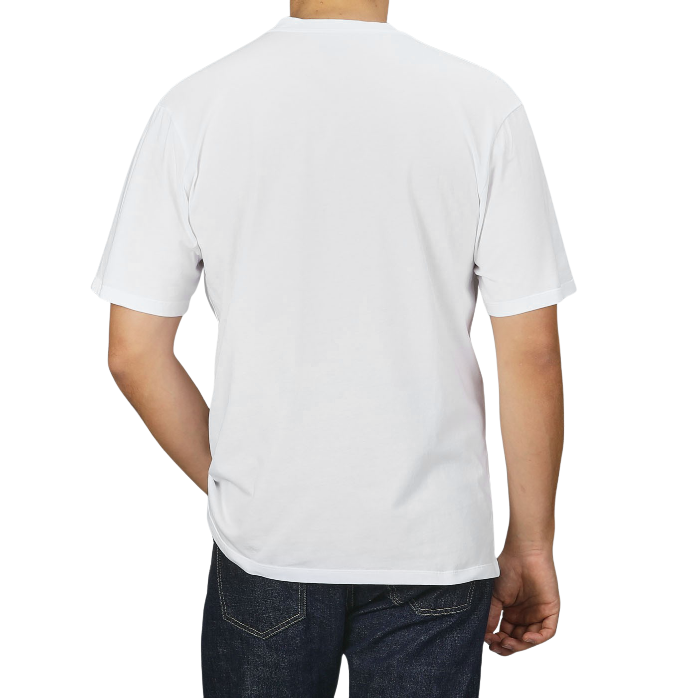 Person wearing a C.O.F Studio White Organic Cotton Crewneck T-Shirt and blue jeans, seen from behind.