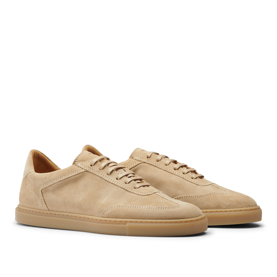 A pair of Ambra Beige Suede Leather Otium sneakers by CQP with laces on a white background.