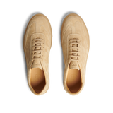 A pair of Ambra Beige Suede Leather Otium low-top sneakers with laces, viewed from above by CQP.