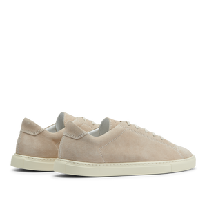 A pair of Beige Suede Leather Racquet Sneakers with Margom rubber soles displayed on a horizontal surface.