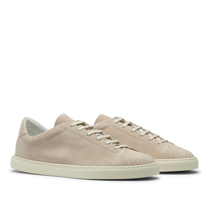 A pair of Beige Suede Leather Racquet Sneakers with white laces and a Margom rubber sole, displayed against a transparent background by CQP.
