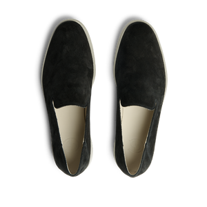 A pair of Black Suede Leather Vice Loafers by CQP perfect for summer displayed on a black background.