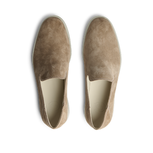 A pair of Brown Tabac Suede Leather Vice loafers by CQP on a white surface.