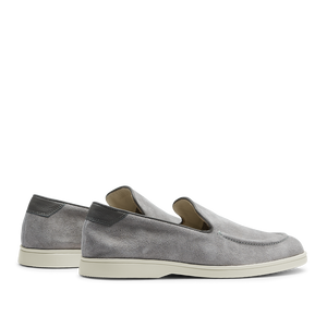A pair of comfortable Cement Grey Suede Leather Debonair Loafers slip-on shoes with white soles by CQP on a transparent background.