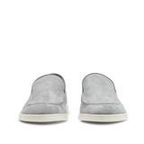 A pair of Cement Grey Suede Leather Debonair Loafers from CQP, with white soles, viewed from the rear.