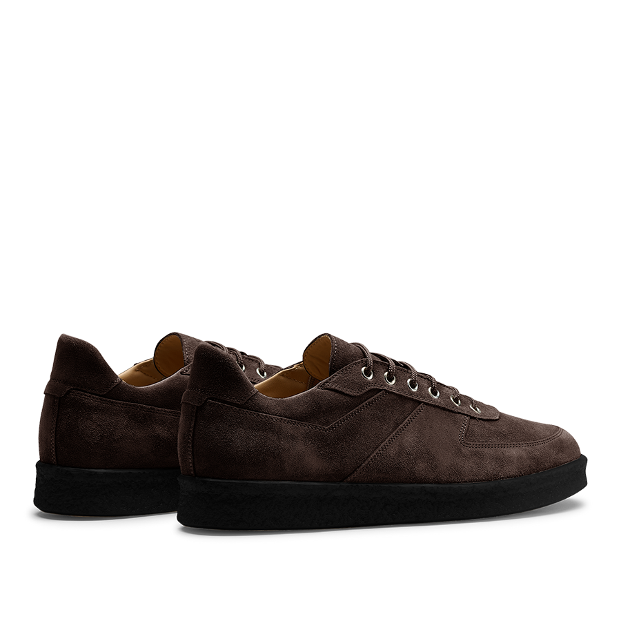 A pair of Chocolate Brown Suede Leather Roamer Sneakers by CQP with black rubber soles displayed side by side.