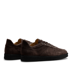 A pair of Chocolate Brown Suede Leather Roamer Sneakers by CQP with black rubber soles displayed side by side.