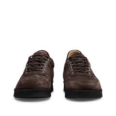 A pair of CQP Chocolate Brown Suede Leather Roamer Sneakers with black soles viewed from the front, reflecting a perfect blend of style and craftsmanship.