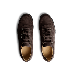 A pair of Chocolate Brown Suede Leather Roamer Sneakers by CQP with a simple lace-up design, viewed from above.